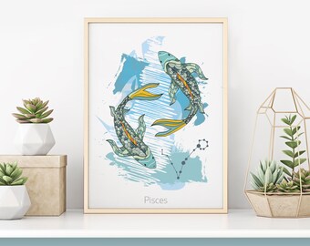 Pisces Zodiac Print | Home Decor | Birthday Print | Horoscope Print | Astrology Print | Zodiac Wall Art | Star Sign Illustration