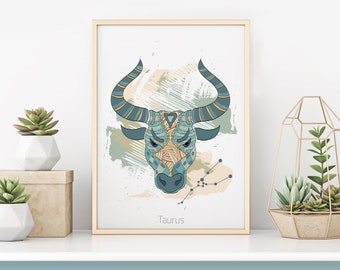 Taurus Zodiac Print | Home Decor | Birthday Print | Horoscope Print | Astrology Print | Zodiac Wall Art | Star Sign Illustration