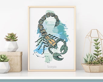 Scorpio Zodiac Print | Home Decor | Birthday Print | Horoscope Print | Astrology Print | Zodiac Wall Art | Star Sign Illustration