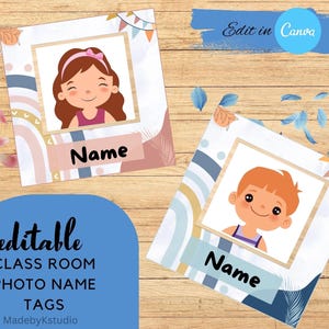 編集可能なBoho Bliss Classroom Cubby Photo Name Tags | Classroom Name Tags | Bin Photo Name Tags