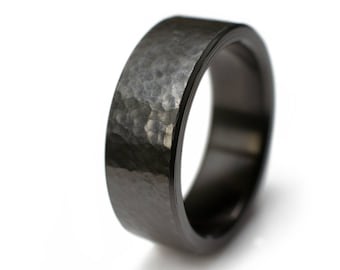 Black Wedding Rings - Black Zirconium With Hammered Finish. Wedding rings for men, mens engagement rings, hammered wedding band