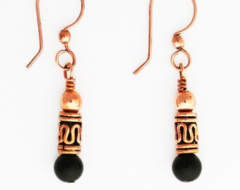 Copper Drop Earrings With Black Obsidian And Handmade Copper Beads ECPX Solid Copper Dangle Style Earrings