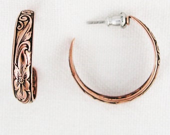 Floral Embossed Copper Hoop Earrings EC80 Solid Copper Jewelry Post Style Copper Hoop Earrings