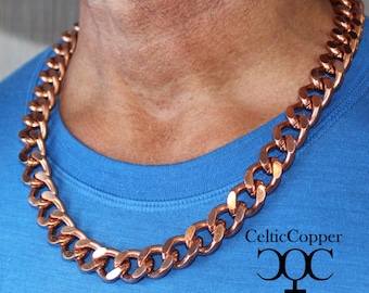 Men&#39;s Copper Chain Set Chunky 16mm Copper Cuban Curb Chain Set SET162 Solid Copper 24 Inch Necklace Matching Copper Bracelet Chain