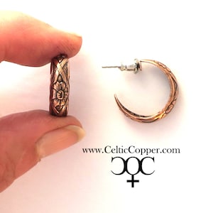 Copper Hoop Earrings Solid Copper Hoop Earrings 18mm Art Nouveau Floral Pattern Copper Hoop Earrings