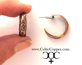 Copper Hoop Earrings Solid Copper Hoop Earrings 18mm Art Nouveau Floral Pattern Copper Hoop Earrings