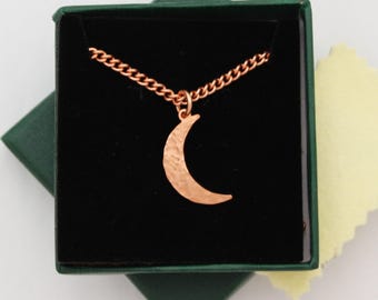 Copper Crescent Moon Charm Necklace Hammered Copper Moon Pendant Solid Copper Curb Chain Necklace
