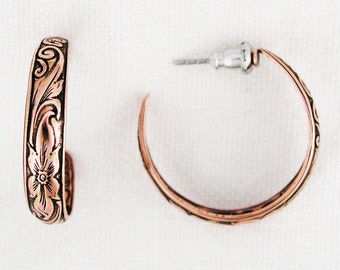 Floral Embossed Copper Hoop Earrings EC80 Solid Copper Jewelry Post Style Copper Hoop Earrings