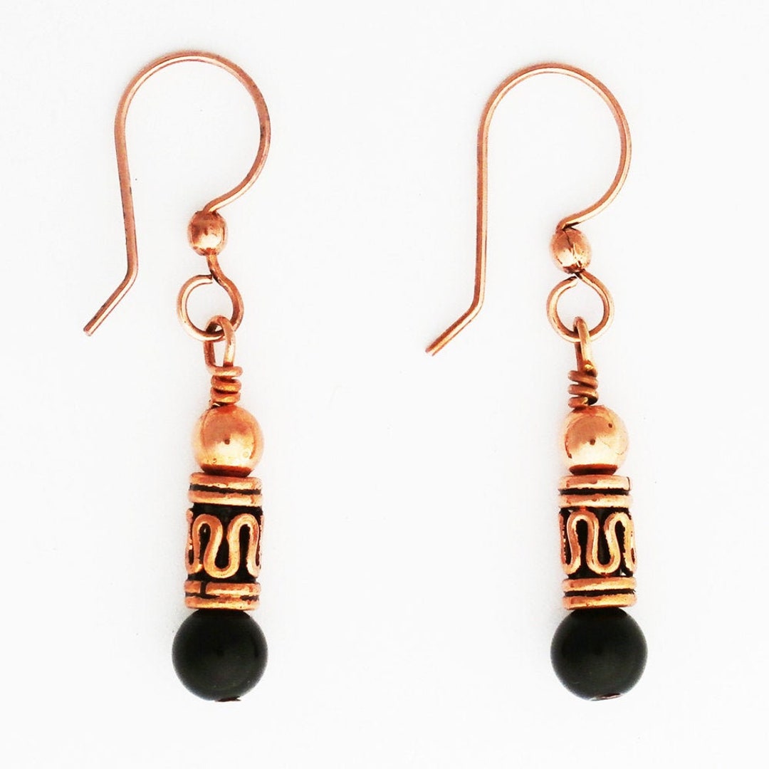 Copper Drop Earrings With Black Obsidian and Handmade Copper Etsy