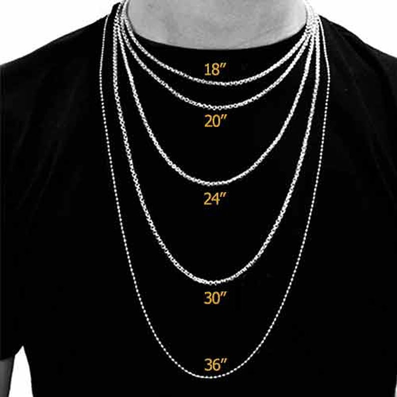 May include: A silver chain necklace in five different lengths: 18 inches, 20 inches, 24 inches, 30 inches, and 36 inches.