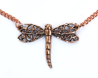 Copper Dragonfly Pendant Necklace Copper Festoon Curb Chain Necklace 30 mm Lucky Dragonfly Charm