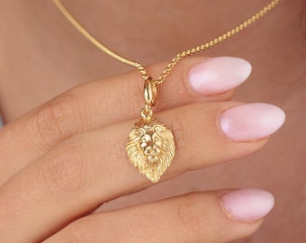 Engraved Gold Plated Lion Head Charm Necklace - Lion Head Leo Zodiac Pendant - Lion Necklace - Engraved Lion Head