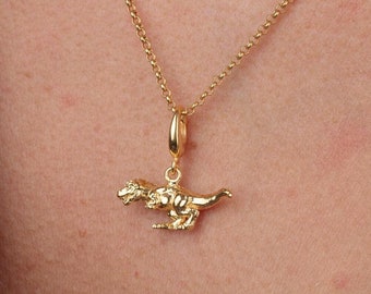 Gold Plated Silver T-Rex Necklace: Dinosaur Charm Jewelry