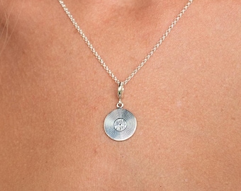 Sterling Silver Vinyl Record Charm Necklace: Retro Music Charm Pendant