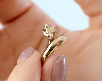 Adjustable Gold Plated Fox Ring - Gold Plated Wrap Ring - Open Wrap Ring - Fox Jewellery - Animal Jewellery - Fox Head and Tail - Gold Fox