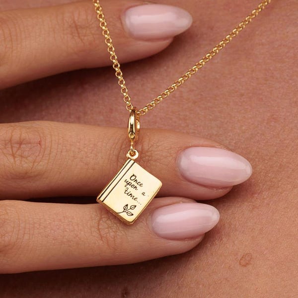 Gold Plated Sterling Silver Story Book Charm Necklace with 'Once Upon a Time' inscription
