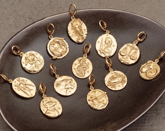 Gold Plated Zodiac Sign Star Charms - Zodiac Jewelry - Slide on or Clip on Charm for a charm bracelet or necklace, Gold Zodiac Charms