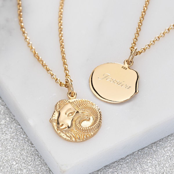 Engraved Gold Plated Aries Zodiac Necklace - Star Sign Jewellery - Aries Disc Necklace - Ram Pendant - Horoscope Necklace - Birth Month Gift