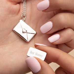 Collar de sobre de plata personalizado con inserto grabado, mensaje secreto, carta de amor, joyería grabada, joyería de boda, regalo de San Valentín