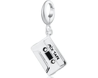 Sterling Silver Cassette Tape Charm, MixTape Charm, Stereo Cassette Tape Pendant, Retro Style Charm, Slide on or Clip on