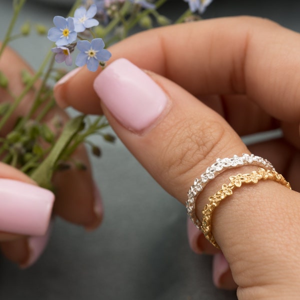 Forget Me Not Stacking Ring - Sterling Silver Stacking Ring - Dainty Forget Me Not Flowers - Flower Ring - Floral Stacking Ring - Spring