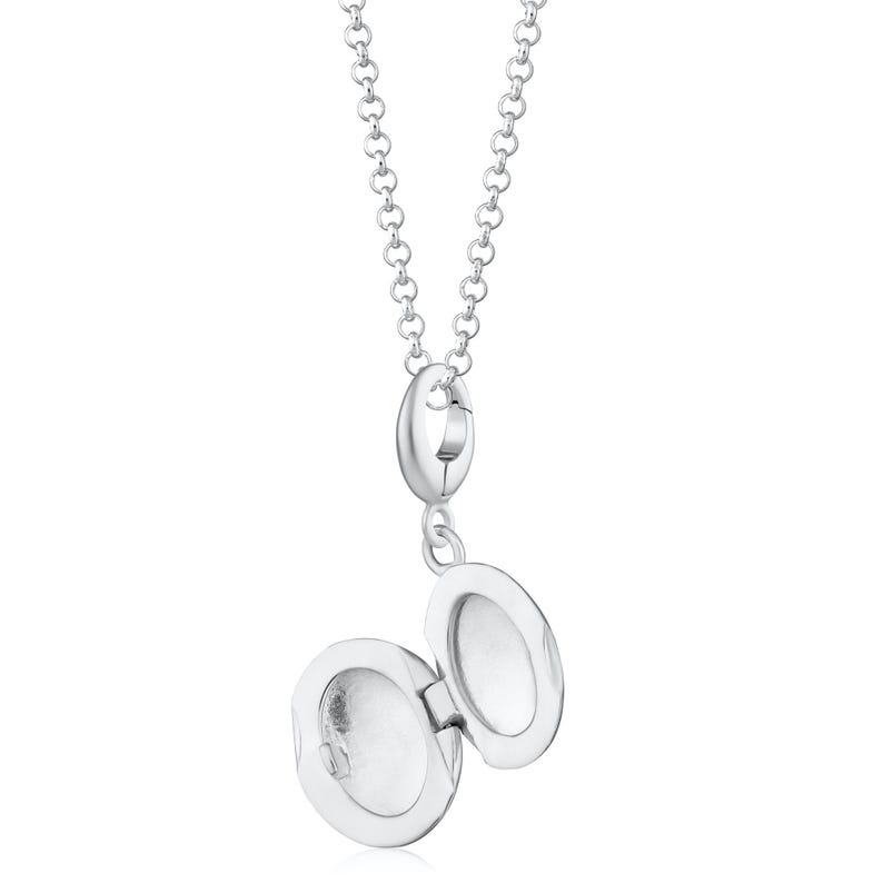 Puede incluir: Un collar con un medall&oacute;n ovalado de plata que se abre para revelar un peque&ntilde;o espacio. El medall&oacute;n cuelga de una delicada cadena. El medall&oacute;n est&aacute; abierto, mostrando el interior. El collar est&aacute; hecho de metal brillante y reflectante.