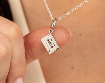 Sterling Silver Cassette Tape  Charm Necklace: Retro Mix Tape Pendant