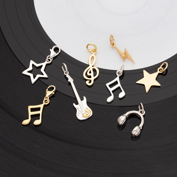 Selection of Gold Music Charms, Electric Guitar, Star, Music Note, Headphones, Lightning Bolt Charms. Slide on or Clip On.