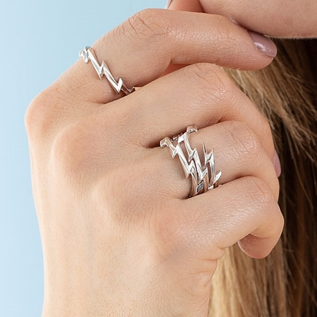 Sterling Silver Lightning Bolt Stacking Ring Adjustable Open Ring