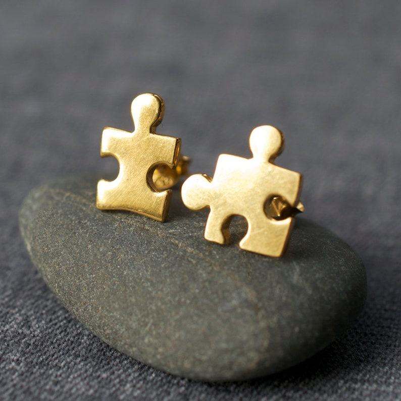 Gold Plated Jigsaw Earrings Mismatched Studs Jigsaw Piece Etsy