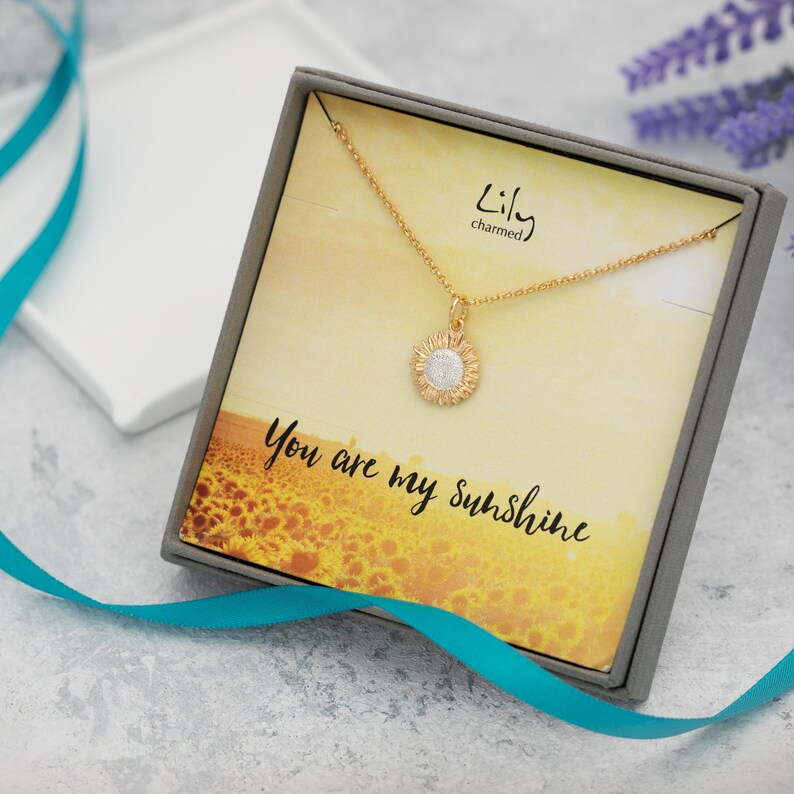 August Birthflower Summery Jewellery Sunflower Necklace Gold Plated Sunflower Necklace on You are my Sunshine Message card