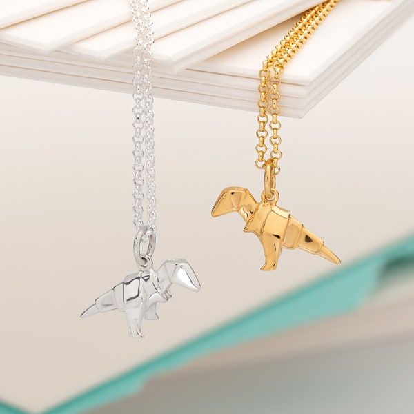 Collier T-Rex origami en argent sterling ou or, collier origami, collier dinosaure, pliage de papier japonais, Dino T-Rex