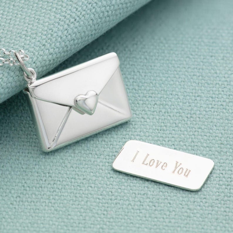 Engraved Sterling Silver Envelope Necklace: with "I Love You" message insert image 5