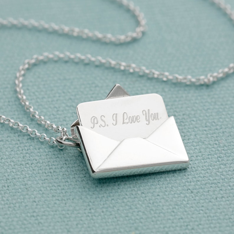 Love Letter Wedding Jewellery Valentines Gift Personalised Silver Envelope Necklace with Engraved Insert Engraved Jewelry Secret Message