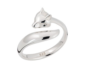 Bague renard réglable en argent sterling - bague en argent sterling - bague ouverte - bijoux renard - bijoux animaux - tête et queue de renard