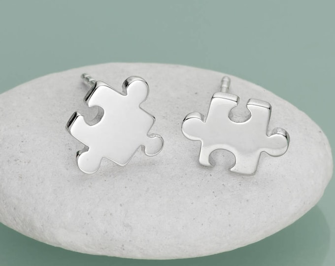 Sterling Silver Jigsaw Puzzle Piece Stud Earrings: Mismatched Earring Design