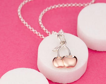 Silver Cherry Necklace - Two-toned Charm - Fruit Charm Necklace - Sterling silver and 18ct Rose Gold Cherry Charm