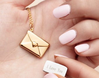 Personalised Gold Plated Envelope Necklace with Engraved Insert - Secret Message -  Love Letter - Envelope Locket Necklace - Valentines Gift
