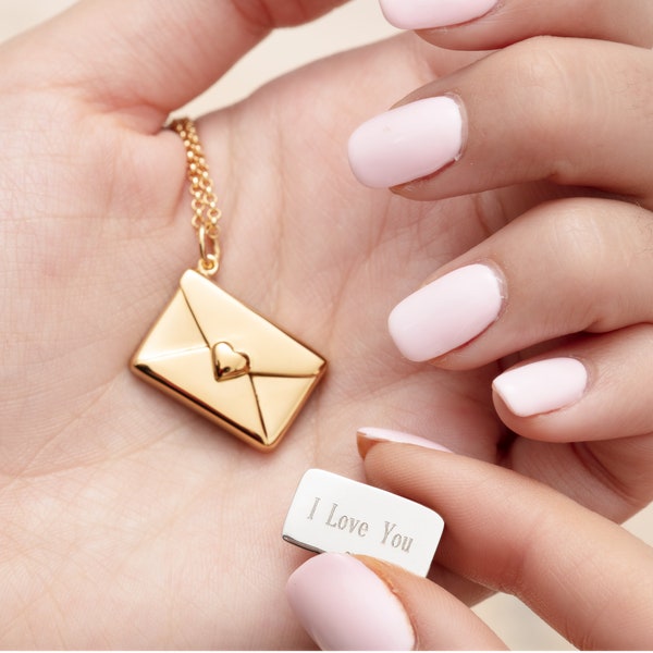 Personalised Gold Plated Envelope Necklace with Engraved Insert - Secret Message -  Love Letter - Envelope Locket Necklace - Valentines Gift
