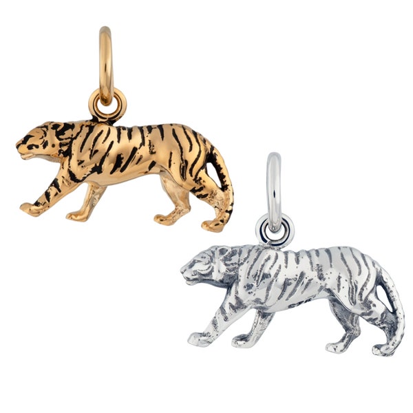 Tiger Charm, Tiger Pendant, Animal Lover Gift, Chinese New Year, Tiger Jewellery, 925 Sterling Silver or Gold Charm, Slide on or Clip on