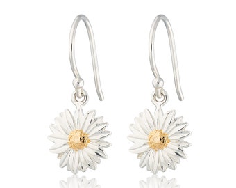 Sterling Silver Daisy Hook Earrings: Gold Plated Flower Jewellery