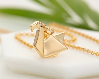 Gold Plated Origami Swan Necklace, Gifts for Her, Swan Pendant, Gold Swan Necklace, 1st Anniversary, Origami Charm