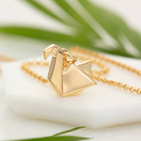 Collier cygne origami plaqué or, cadeaux pour elle, pendentif cygne, collier cygne en or, 1er anniversaire, breloque origami