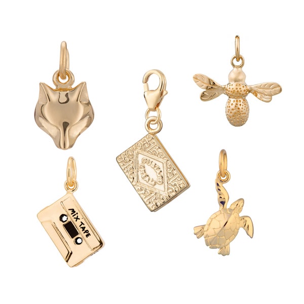 Selection of Gold Charms, Custard Cream, Turtle, Cassette Tape, Fox, Bee. Perfect addition to any charm bracelet or necklace.