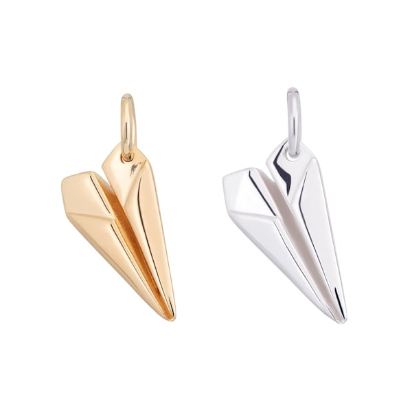 Pape Plane Charm, Origami Plane Pendant, 925 Aeroplane Charm, 1st Anniversary Gift, Sterling Silver or Gold Charm, Slide on or Clip On