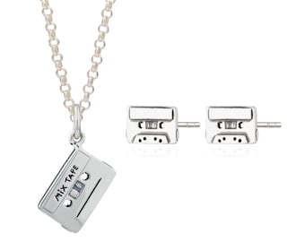 Sterling Silver Cassette Jewellery Set with Stud Earrings - Mix Tape Necklace and Studs - Retro style Jewellery Set - Music Lover Gift