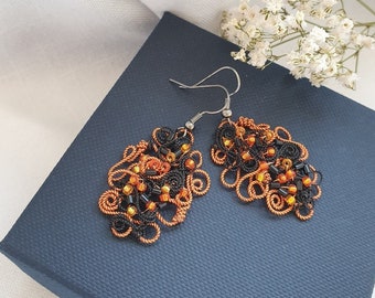 Orange Black Samson Filigree Earrings, Special Different Design, Colourful Earrings, Girlfriend Wife Sister Mum Birthday Orange Lover Gift