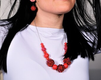 Red Lolita Statement Necklace, Unique Chunky Gift Lady Wife Anniversary Craftsmanship Bold Jewellery Modern Woman Mom Mum Girlfriend Sister