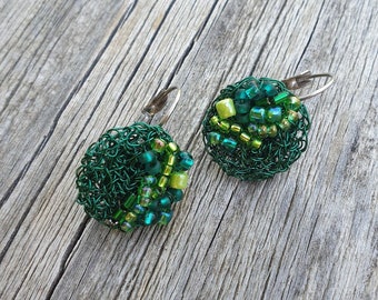 Elegant Beaded Round Green Earrings, Green Earrings for Mum, Friend Gift Earrings, Green Gift, Classic Lover Earrings, Lever back Closing