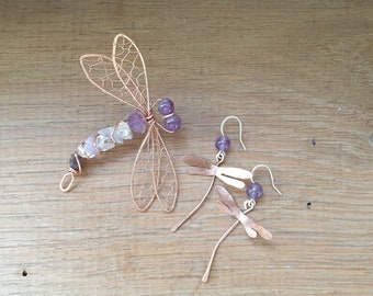 Dragonfly Jewellery Set. Brooch Pendant 2in1 Earrings. Dragonfly With Amethyst Brooch. Dragonfly Symbol. Nature Insects Dragonfly Lover